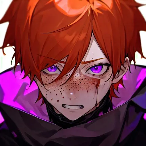 Prompt: Erikku male adult (short ginger hair, freckles, right eye blue left eye purple) UHD, 8K, Highly detailed, insane detail, best quality, high quality, covered in blood, covering his face