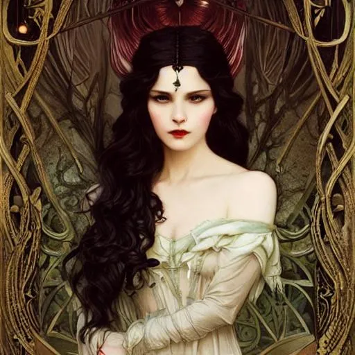 Prompt: Snow White as a vampire queen, long curly hair, intricate, elegant, highly detailed, extremely detailed face, HD, digital painting, smooth, sharp focus, illustration, art by greg rutkowski and alphonse mucha and John William Waterhouse, dark, eerie, gothic, creepy, horror