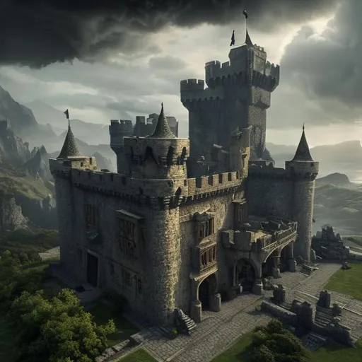 Prompt: Castle, clouds, dragon, dark cinematic hyper realistic extremely detailed 8k

