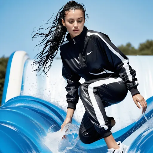 Prompt: photo of young woman, soaking wet clothes, black white nylon nike tracksuit bottoms, black white nylon nike tracksuit jacket,  , sliding down a water slide,   enjoying, water dripping from clothes, clothes stuck to body,  detailed textures of the wet fabric, wet face, wet plastered hair,  wet, drenched, professional, high-quality details, full body view.