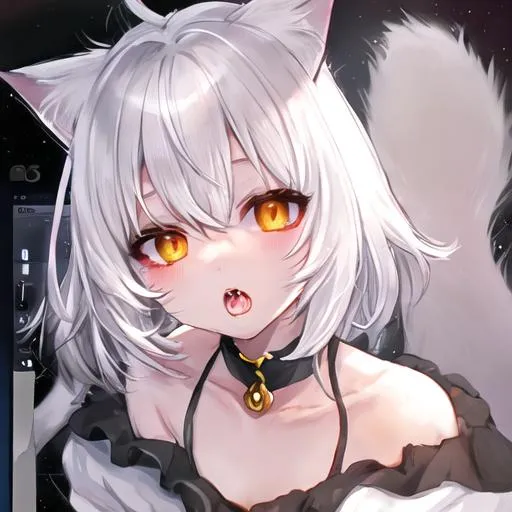 Prompt: Cat Girl, white hair with brown patches, closeup view, above shoulder facing screen, open mouth, 
