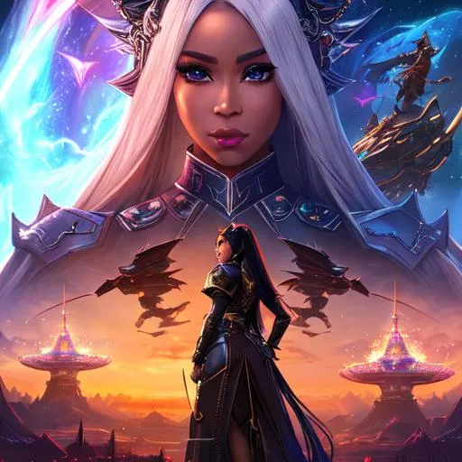 Prompt: modern movie poster with Cardi. B in center focus, 1 female, straight long hair, ethereal, spaceship in background, dragons flying in background, dragoon artifact gear from ffxiv in background, war, castles on fire, royal vibe, highly detailed, digital painting, Trending on artstation , HD quality,  brown skin, Big Eyes, artgerm, by Ilya Kuvshino
