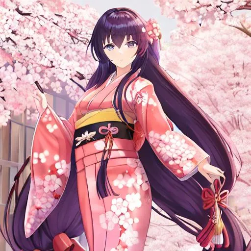 Prompt: Butiful girl with very very long hair and a sakura  kimono