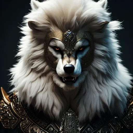 Prompt: ((best quality)), ((masterpiece)), ((realistic)), (detailed) octane render, trending on artstation,illustration photographic, digital painting, attractive, 1wolfman, crown, white hair,masterpiece wolf face, fangs inspired necklace ,full body,8K quality
