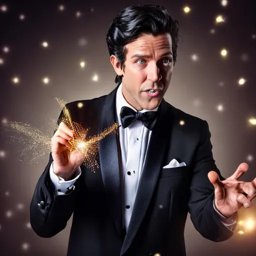 Prompt: Magician in a tuxedo casting a sparkly magic spell with his male parts
