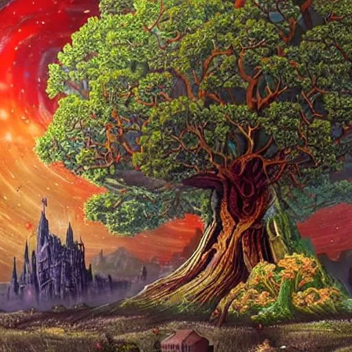 Prompt:  The background showing the massive, gnarly, beautiful, life-giving World Tree with a vibrant glowing gold and red aura on it in front with a large, very complex and decaying castle the foreground. The sky has a greenish tint to it and the overall picture and area is zoomed out over a large land, a small knight mourning in the foreground and the tone is gothic  fantasy