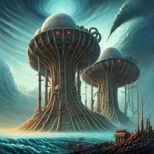 Prompt:  fantasy art style, painting, pipes, tubes, nuclear reactor, power plants, nuclear fusion, nuclear power, nuclear weapons, nuclear bombs, nuclear explosions, mushrooms, mushroom cloud, bombs, torpedoes, misiles, concrete, smog, fog, evil, misiles launching, warship, naval ship, boat, deep ocean, waves, tsunami, end of the world, apocalypse 