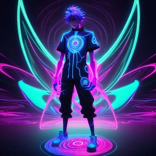 Prompt: Hypnotic illustration of a anime Character, boy, standing character, hypnotic, psychedelic art, pop surrealism, dark glow neon paint, mystical, Behance, 4k, 8k, UHD, professional, studio lighting, unreal engine, 