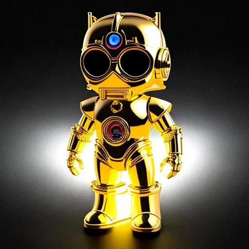 Prompt: 3d render, full body 3d render of funko pop C-3PO, black background, Illuminated by Neon  lights