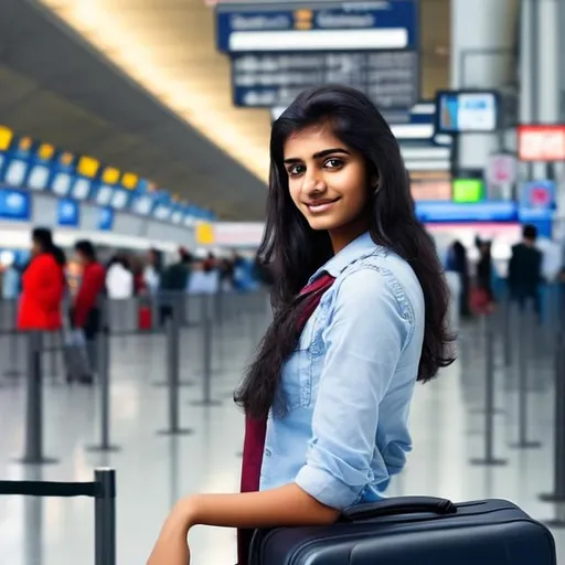 Prompt: A young indian woman at the airport waiting at the luggage conveyor belt