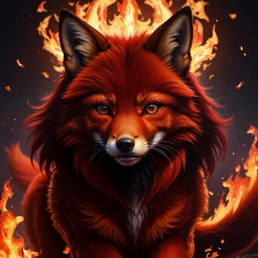 Prompt: 8k, 3D, UHD, ultra sharp, very detailed, masterpiece, detailed oil painting, portrait of fire elemental (fox), canine quadruped, adolescent female, silky crimson-red fur, emerald green eyes, 8k eyes, youthful, lively, lithe, black fur highlights, long silky hair on crest, (plump), plump figure, umber red mane, solid red belly, beautiful charming grin, graceful, by Anne Stokes, by Yuino Chiri, gold magic highlights in fur, vivid colors, vibrant, global illumination, wispy brown ears, glistening ruby-red mane flowers on fur, snow-capped trees, complementary colors, cinematic, forest, rows of pink blossoming sakura trees, billowing mane, professional, unreal engine, dynamic, highly detailed, detailed smiling face, 4k, 64k, UHD