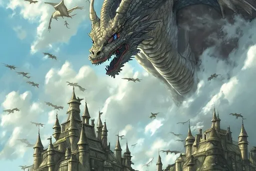 Prompt: Castle in the sky with dragons