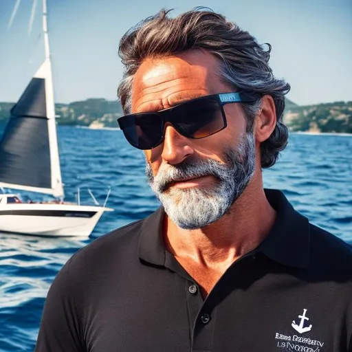 Prompt: photo of a confident, healthy, 45 year old, haired, grey bearded sailor looking magical and handsome wearing a black polo shirt and sun glasses
while pulling the anchor on a raceboat.



