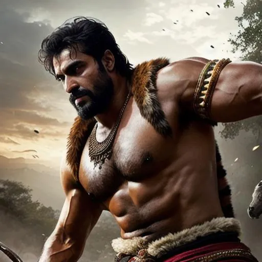 Prompt: scene of delhi warrior with black hair and with rugged handsome face, fighting a tiger, very hairy chest and armpits, arena, perfect composition, hyperrealistic, super detailed, 8k, high quality, trending art, trending on artstation, sharp focus, studio photo, intricate details, highly detailed, by greg rutkowski