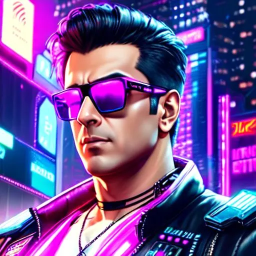 Prompt: oil painting, Post Modern Cyberpunk Background with Neon Lights Scattered in Bokeh, UHD, hd , 8k, hyper realism, Very detailed, Cyberpunk Cybernetics enhanced zoomed out view of character, full character visible, Salman Khan , he has cyberpunk glasses on top of his head, Charming and Appealing characters. Cyberpunk themed attires.  stylized lens Flares
Black Overall Cuberpunk suit