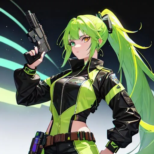 Prompt: She has a long, distinctive neon-green that fades to neon-blue hair in a ponytail, heterochromia eyes, wearing a western brown bounty hunter uniform, with a gun in her hand
