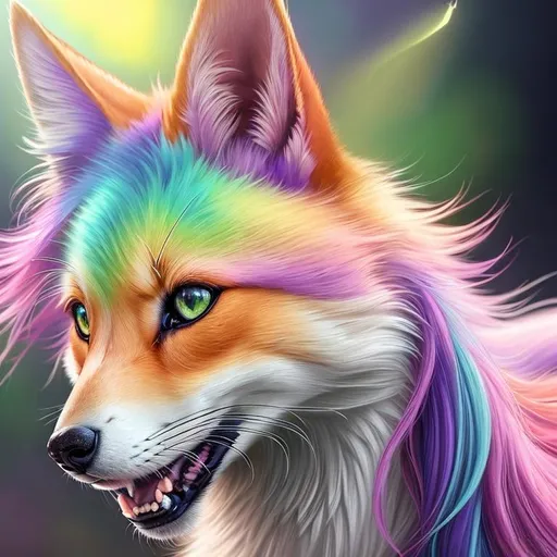 Prompt: remove ear, remove text, {pink, purple, yellow, and mint green fox kit}, realistic, epic oil painting, pastel colors, (canine quadruped:1), large round purple eyes, hyper detailed eyes, (hyper real), furry, (hyper detailed), photorealism, extremely beautiful, playful, UHD, studio lighting, best quality, professional, extremely beautiful, glistening fur, fur glows like auroras, highly saturated colors, neon colors, masterpiece, ray tracing, cosmos, nebula background, 8k eyes, 8k, highly detailed, highly detailed fur, hyper realistic thick fur, (high quality fur), fluffy, fuzzy, full body shot, anime background, rear view, hyper detailed eyes, perfect composition, realistic fur, fox nose, highly detailed mouth, realism, ray tracing, soft lighting, complex background, highly detailed background, studio lighting, masterpiece, trending, instagram, artstation, deviantart, best art, best photograph, unreal engine, high octane, cute, adorable smile, lazy, peaceful, (highly detailed background), vivid, vibrant, intricate facial detail, incredibly sharp detailed eyes, incredibly realistic fur, concept art, anne stokes, yuino chiri, character reveal, extremely detailed fur, sapphire sky, complementary colors, golden ratio, rich shading, vivid colors, high saturation colors, silver light beams