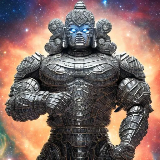 Prompt: diamond armored bodybuilding buddha, widescreen, infinity vanishing point, spiral galaxy nebula background