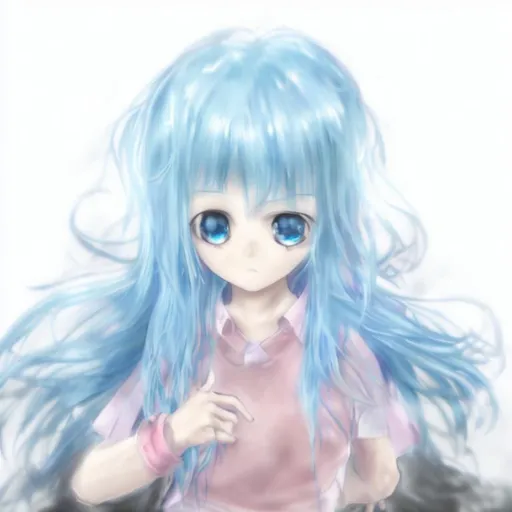 Prompt: ultra-realistic ultra-detailed character design, anime girl, blue and white wavy hair, under pink eyes, blue top, has big eyes and big forehead, short white shirt, long sleeves