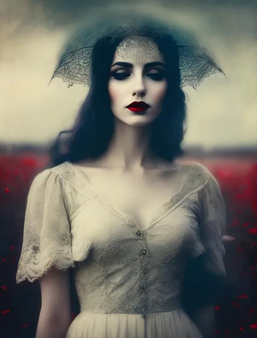 Prompt: A espetacular woman portrait by Rimel Neffati. Realistic hazel eyes, red lipstick, Intricate Ethereal gloomy background, elegant, intricate, beautiful, award winning, fantastic view, 4K 3D, high definition, hdr, focused 