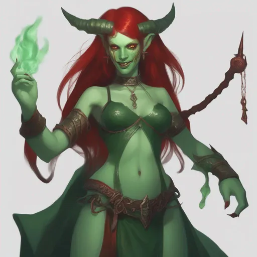 Prompt: dnd a green female demon with red hair