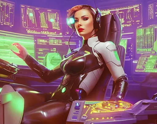 Prompt: a spaceship cyborg pilot in a latex suit, laying down in a chair, in a cyberpunk setting, cyborg, implants, high details, realistic , professionally colour graded, photorealism, 8k, grim dark lighting, art by the Caravage