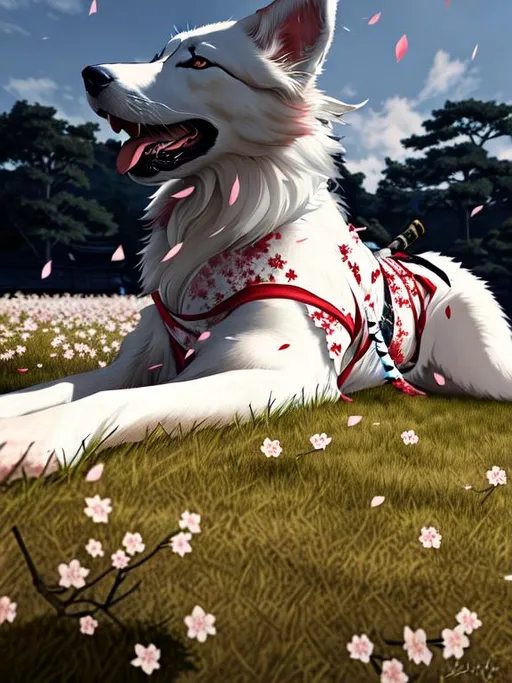 Prompt: Samurai Themed, White Border Collie in Full Body Kimono  Costume, Holding a Katana , White Roses in the bottom , Forest and Pink Sakura Petals Falling in  Background , Very Detailed , 8k, High Quality , HD