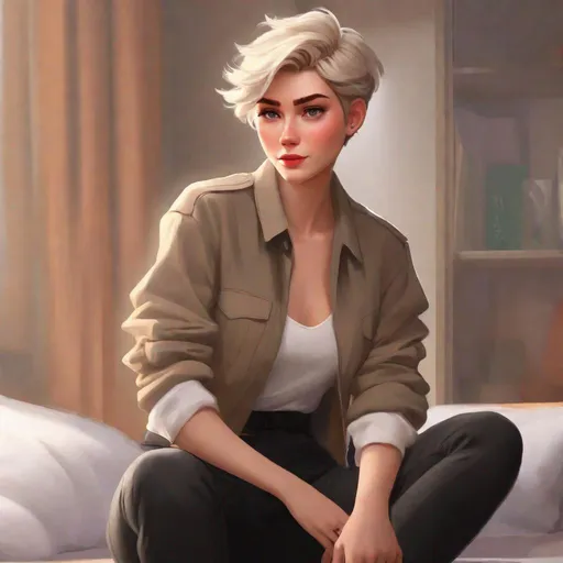 Prompt: elsa in masculine clothing with short hair, LESBIAN VIBES