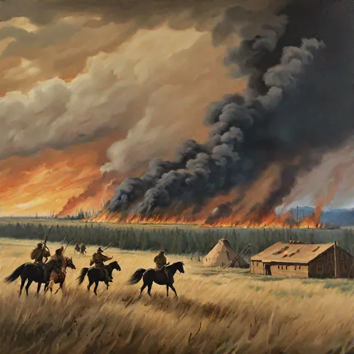 Prompt: Painting of a military fort with a raging wildfire in the background. foreground, summertime in Montana, natural lighting, nature photography, darkened sky, native Americans riding horses in the background 