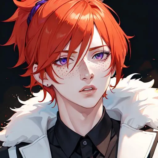 Prompt: Erikku male (short ginger hair, freckles, right eye blue left eye purple) UHD, 8K, Highly detailed, insane detail, best quality, high quality. As the godfather, mafia