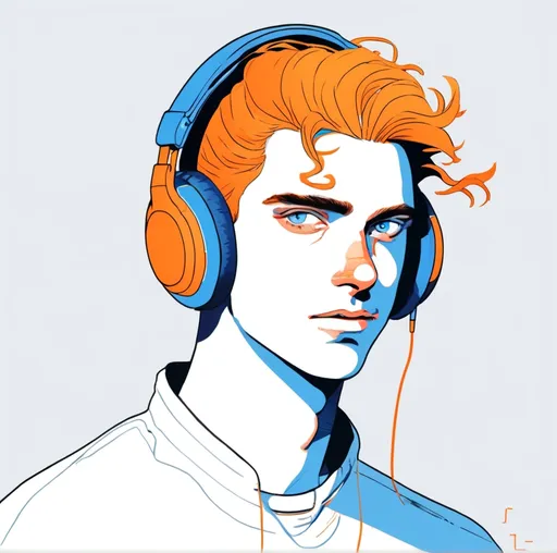 Prompt: Cel-shaded. Young man wearing headphones. His hair is bright orange and his eyes are bright blue