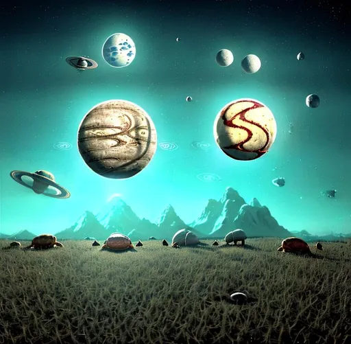 Prompt: three Suns three moons planets all around Cows upside down floating in the air, birds flying backwards, turtles running fast, buildings talking to each other with eyes and mouths, mountains greeting each other with love and positivity, humans living in peace. Salvador Dali style hidden messages and items in image like aliens and space ships and talking trees  and toys ancient civilizations and symbols 