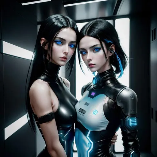 Prompt: {best quality}, {{masterpiece}}, {highres}, extremely detailed black haired girls with blue eyes, European girls, inspired by cyberpunk and brutalistic art, sharp focus, {{{character{2 girl}}}}, solo, {{{beautiful skinny body with small boobs}}}, embracing each other lovingly, cyberpunk bodysuits, light smile, closed mouth, beautiful detailed blue eyes, blue eyes, {{{{{sharp focus}}}}}, {{{{{masterpiece illustration}}}}}, long hair with side fringe, {{{black hair}}}, hair blowing in the wind {{full body}}, glowing, futuristic dystopian street, highres and very detailed face