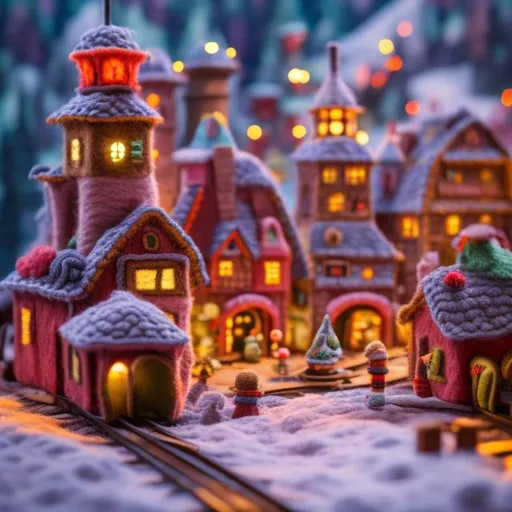 Prompt:  Train station close up in imaginary toy village made of yarn and felt with romantic lights