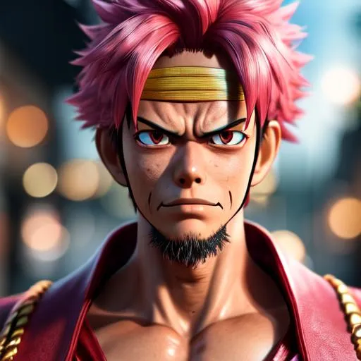 Prompt: Real life luffy, Professional, Highly Detailed, Hyperrealistic, sharp focus, Professional, UHD, HDR, 8K, Render, HD, Trending on ArtStation, close up, bokeh, outdoor, dbz, one puch man, pink hair, pink eye red