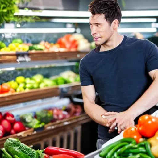 Prompt: Man sweating while buying vegetable shopping