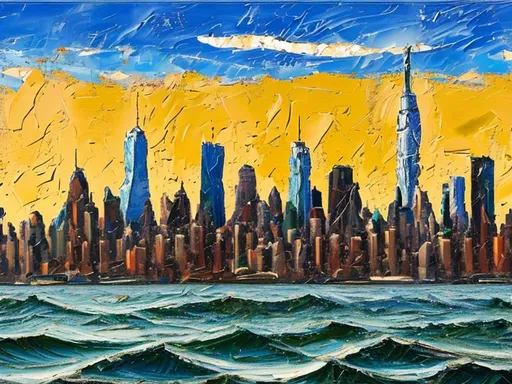 Prompt: Thick oil impasto York Skyline from 42nd Street Pier, thick oil impasto