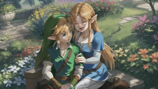 Prompt: Link and Zelda in a Garden 