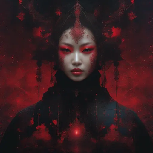 Prompt: "Black and red : a smiling happy little devil: shiny aura : highly detailed : nacreous filigree : intricate motifs : organic tracery : by Android jones : Januz Miralles : Hikari Shimoda : constellations map by W. Zelmer : perfect composition : digital painting : artstation : smooth : sharp focus : sparkling particles"

"Intricately hyperdetailed terrifying bleeding woman (("monstrous bloodmage Skarlet from Mortal Kombat 11; glowing red eyes; sleeveless red dripping fighting outfit; Slavic redhead straightened hair"))!!! (sinister "dripping blue tentacles rising from red turbulent seas" background)!! WLOP; Atomhawk; Steve Beran; Iain Macarthur; Aivazovsky; HDR half-portrait photograph; Cinema 4D; dynamic lighting; volumetric lighting; amazing depth; "contrasting shades of red;" meticulously detailed masterpiece"