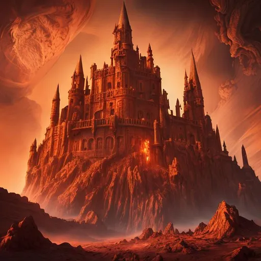 Prompt: hell city castle and flames and smoke on mars , hyper-realistic, photorealism, hyper detailed texturing, high resolution, best quality, UHD, HDR, 8K