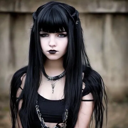 Prompt: a young 16 year old girl with long black hair styled with cutain bangs of western efnicity she has a goth style