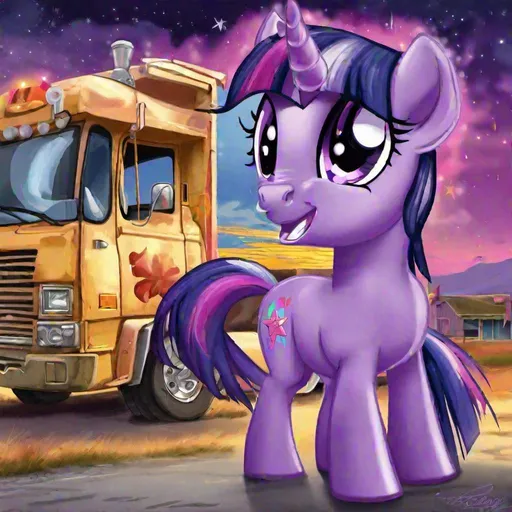 Prompt: masterpiece, my little pony, cartoon painting, purple unicorn twilight sparkle((standing at a truck stop)), 