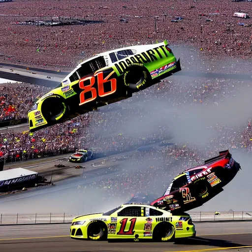 Prompt: highly detailed 8k photograph of nascar stock car at the indy 500 race, in the air after crashing into the barrier at the top of the track. behind spectators can be seen looking up in horror. sunset