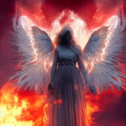 Prompt: 4k, ultra realistic, angel descending from heaven in the apocalypse, splendor, glory, divine fury. london in flames