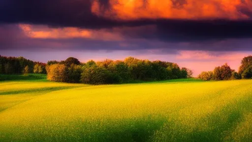 Prompt: art, scenery, oil color masterpiece,

outside, fields, clearing, few flowers, near trees,

afternoon, evening, low light, twilight, clouds,
