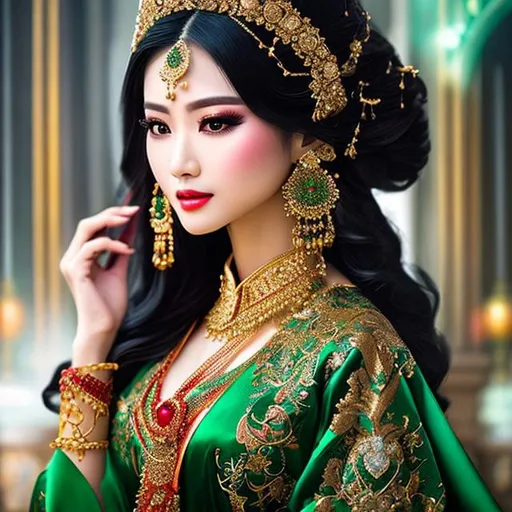 Prompt: beautiful oriental empress, long silver hair, gold tiara adorned with red and green gems, perfect detailed face photo-realistic, ultra-realistic, hyper-realistic, ethereal random color Power Rage, 3d anime style vector, 3d full shot, standing pose, abstract alcohol ink, Artwork styles, highly detailed, intricately designed traditional Mandarin gown, detailed symmetric beautiful green eyes, highly detailed gorgeous face, dynamic pose, ethereal, in the style of artists like Russ Mills, Darek Zbaracki, Ivan Saakashvili, Jean-Baptiste Monge. Ink Dropped in water, splatter drippings, paper texture, pulp Manga, and perfect shading, with dramatic lighting. The artwork should be centered, stylized, and elaborate. rendered in 8K resolution for high-quality detail, artstation, concept art, smooth, sharp focus, illustration, highly detailed, soft natural volumetric, 30 yrs