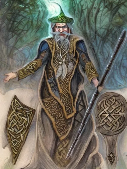 Prompt: Celtic pagan warrior and wizard side by side