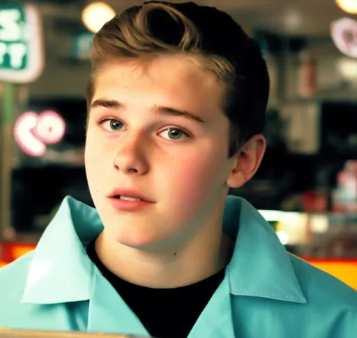 Prompt: 16 year old boy working at the 80’s diner in a green button up with his coller flipped up