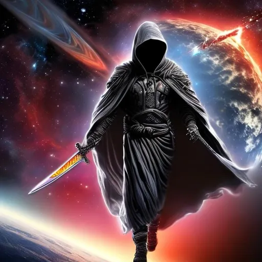 Prompt: A man wearing hoodi with holy sword walking in space
