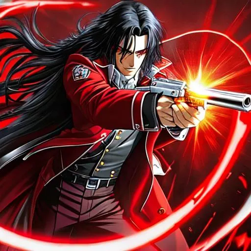 Prompt: Alucard from Hellsing, firing twin magnum pistols, highly detailed, close-up shot